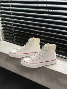 Shoes, Women's Shoes, Small White Shoes, Mid-Top Sneakers, Men's Shoes, Canvas Shoes, Spring/Autumn Style, Korean Version, Minimalist Fashion, High-Top Casual Lace-Up Athletic Shoes, Classic Mid-Top Canvas Shoes, Versatile Casual Skateboard Shoes - White - View 1
