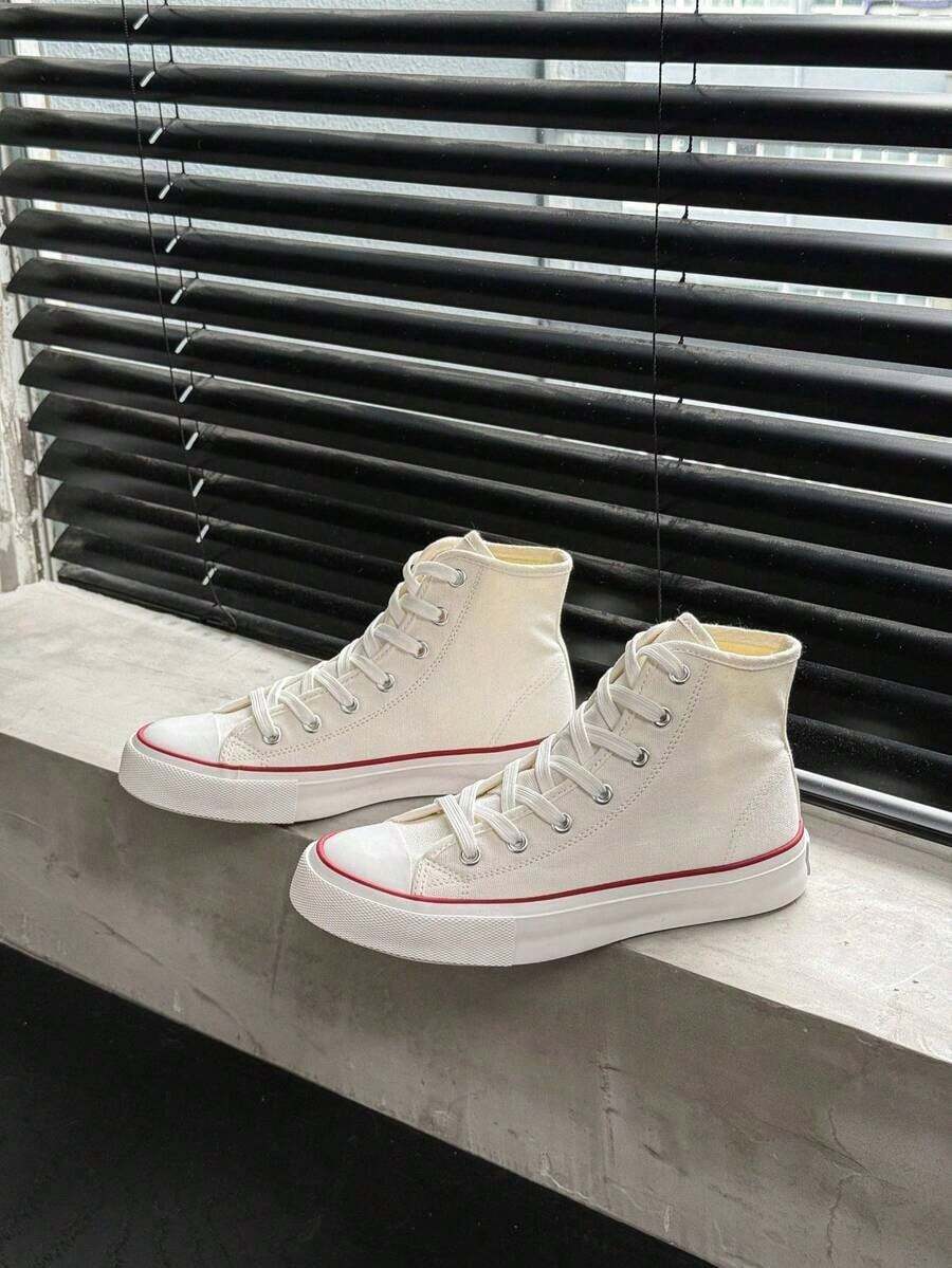 Shoes, Women's Shoes, Small White Shoes, Mid-Top Sneakers, Men's Shoes, Canvas Shoes, Spring/Autumn Style, Korean Version, Minimalist Fashion, High-Top Casual Lace-Up Athletic Shoes, Classic Mid-Top Canvas Shoes, Versatile Casual Skateboard Shoes - White - View 1