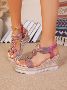 2025 New Bohemian Platform Wedge Sandals For Women, High Heel Thick Bottom Roman Chunky Heel Sandals - Hot Pink - View 3