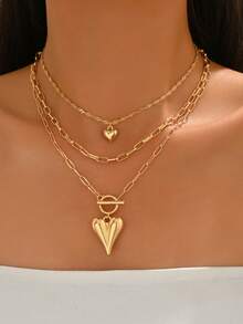 3pcs/Set Vintage Luxury Gold Chain Layered Heart Pendant Necklace, Fashionable Niche Jewelry For Women, Suitable For Daily Wear, Parties, Music Festivals - Multicolor - View 1