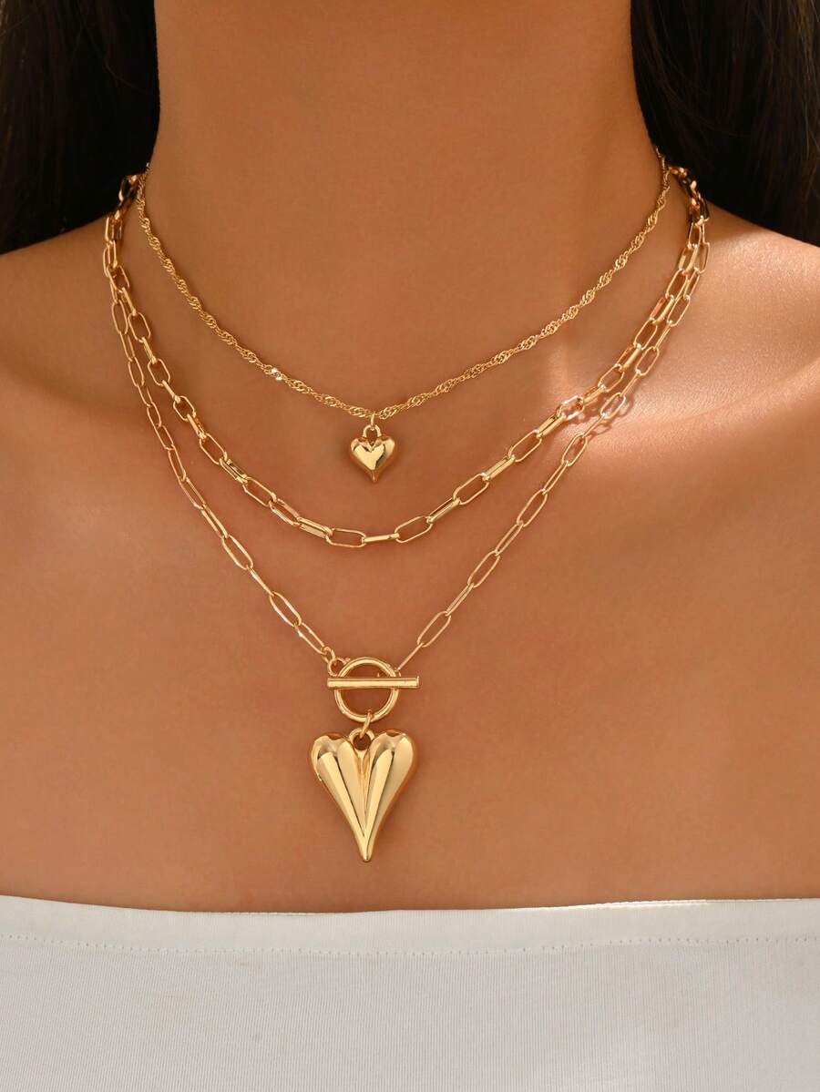 3pcs/Set Vintage Luxury Gold Chain Layered Heart Pendant Necklace, Fashionable Niche Jewelry For Women, Suitable For Daily Wear, Parties, Music Festivals - Multicolor - View 1