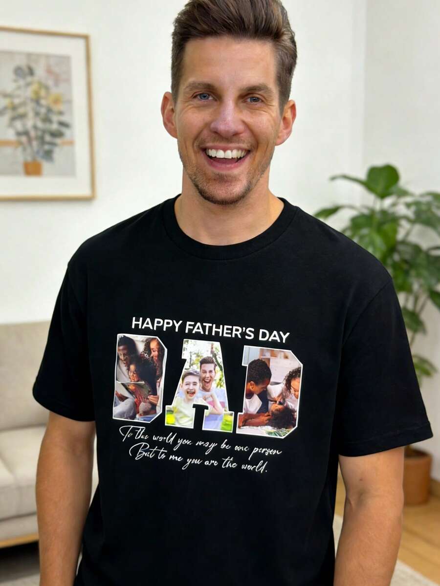 Men's Casual Custom T-Shirt, Personalized Photo Collage Design Print, A Tribute To The Fact That You Are An Individual. Soft Pure T-Shirt. A Gift For Your Father Filled With Memories. Father's Day Gift T-Shirt. Happy Father's Day! - 黑色 - 查看 1