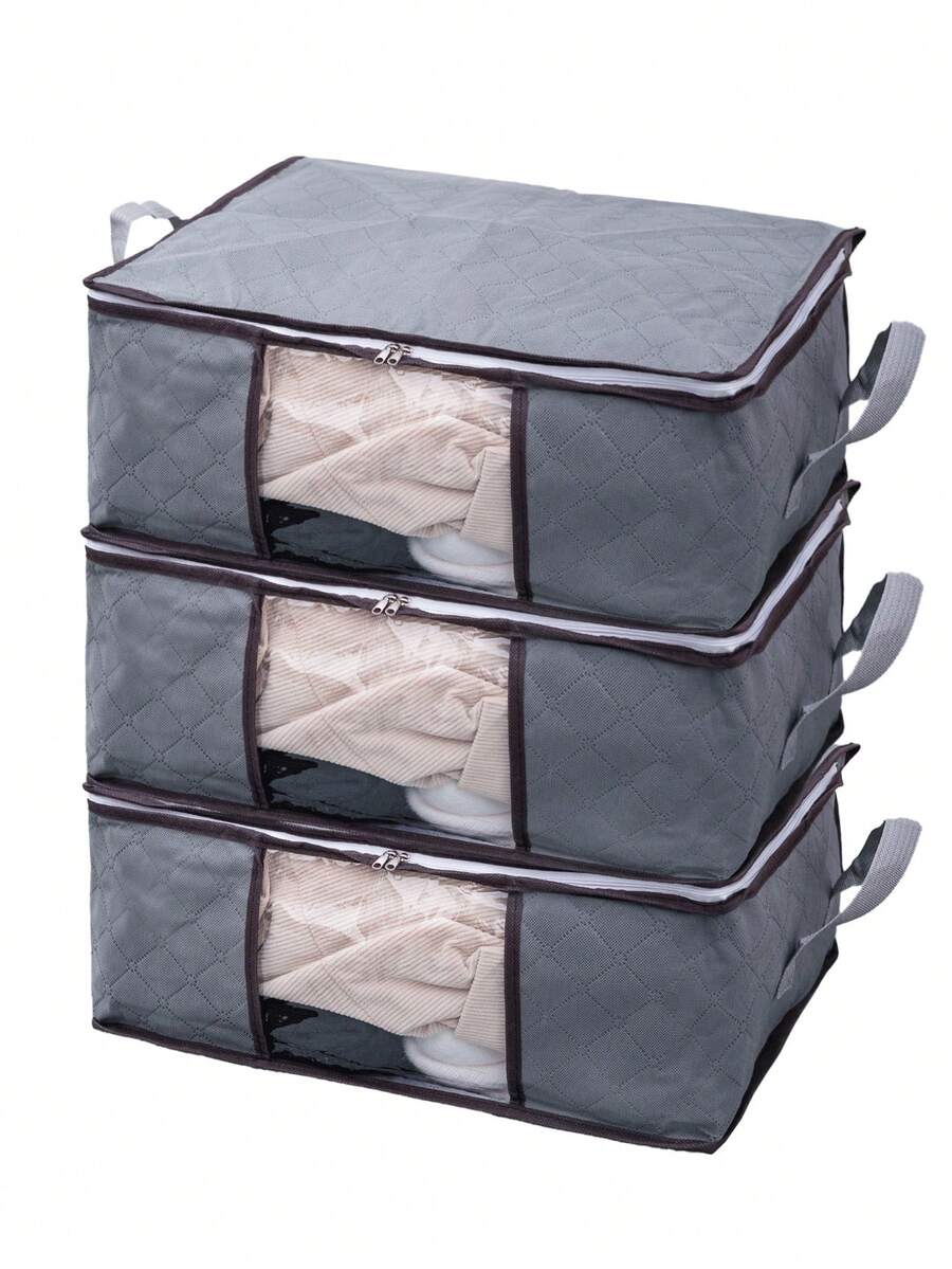 Large Capacity Storage Box With Transparent Window, Wardrobe Organizer And Clothes Storage Bag, Reinforced Handle And Durable Zipper (Grey), Bedroom Accessory