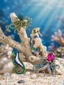 Broches de lujo con rinoestras de pulpo y perla de caballito de mar - Alfileres de vida marina para mujeres y unisex para fiestas casuales, accesorios de joyería, regalos para amigos, insignias y decoración - vida marina - Ver 8