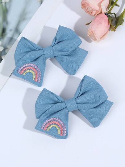 2pcs Blue Hair Bows For Girls Rainbow Embroidery Bow Hair Clips Cute Blue Bow Hairpins Fabric Alligator Clips With Tail Girls Daily Barrettes For All Seasons Kids Baby Hair Accessories