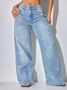 Low-Waist Wide-Leg Casual Blue Jeans With Slant Pockets & Beaded Embellishment Spring - Baby Blue - View 13