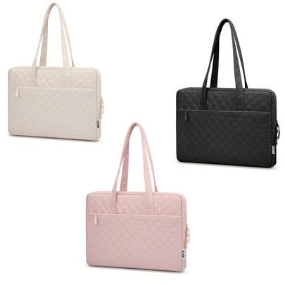 TECOOL Quilted Laptop Tote Bag For Women 14-15.6 Inch, Waterproof Shockproof Computer Shoulder Bag, Lightweight Work Briefcase For Travel Business School (Beige/Pink/Black)
