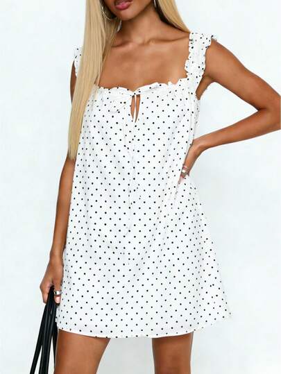Womens Polka Dot Mini Dress Featuring Ruffle Sleeves To Create A Flattering Loose Flowy Silhouette Perfect For Summer Beach Vacation Casual Streetwear Outdoor Parties And Chic Y2K Aesthetic Holiday Outfits