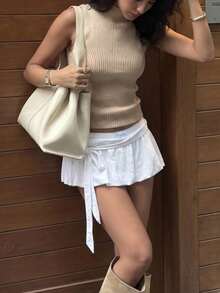 Áo len nữ tối giản, màu trơn, cổ đứng, chất liệu gân, kiểu dáng thường ngày, thích hợp cho mùa xuân/hè. - Màu Khaki - Xem 5