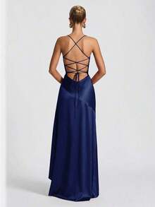 Women's Solid Color Sexy Tie-Up Ruffle Hem Slit Dress Wedding Spring Party - 橄欖綠 - 查看 8