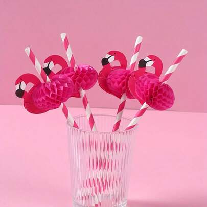 12pcs Pink Flamingo Paper Straws, Summer Hawaiian Aloha Party Supplies, Tableware, Hawaiian Party Decorations, Birthday Wedding Paper Straws