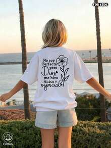 Camiseta blanca 100% algodón para niña, cómoda, con estampado gráfico, estilo preppy, nueva colección primavera/verano, top deportivo, fluida, suave, transpirable, manga corta, con eslogan negro, en inglés y estampado floral. Ideal para vacaciones en la playa, uso casual, deportes, estar en casa y para un estilo preppy. - Blanco - Ver 10
