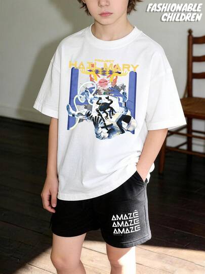 Sci-Fi Astronaut & Alien Graphic Kids 2-Piece Set, White Short Sleeve Crew Neck T-Shirt & Black Elastic Waist Shorts, Space-Themed Breathable Summer Outfit For Boys,Project Hail Mary Merchandise, Suitable As Gifts For Book Lovers Casual Wear & Gifting,Boys Shorts And Tshirt Set,Summer Outfits