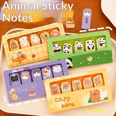 Conjunto de 150 blocos de notas adesivas com desenhos de animais fofos (5 folhas x 30 unidades), etiquetas removíveis para anotações, adesivos de alta qualidade para estudantes, blocos de notas adesivas com desenhos de pandas, gatos e hamsters, ideais para organizar arquivos no escritório, scrapbooking, lembretes diários e presentes.