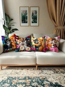 Bộ 4 vỏ gối hình mèo ôm nhau ấm áp, họa tiết hoa hồng và hoa cúc, dùng cho đầu giường phòng ngủ (không bao gồm ruột gối) - Nhiều màu - Xem 2