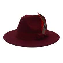 JEWELRYWE Elegant Wide-Brimmed Felt Hats For Men And Women: Soft Felt Hats With Feather Embellishments, Elegant Flat-Brimmed Fedoras - Suitable For Both Casual And Formal - Burgundy - View 9