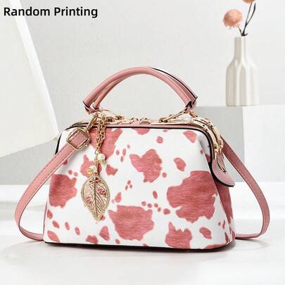 M MENGYISCC 2026 Pink Cow Print Handbag With Leaf Pendant, Women's Elegant Mini Handbag With Adjustable Shoulder Strap, Portable Tote Bag Suitable For Shopping, Office, School, Work, Outdoor Activities, Travel And Outings, Durable And Lightweight