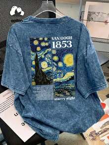 Nueva camiseta de moda para chicas de primavera y verano, diseño artístico de cielo estrellado de Van Gogh, estampado de letras, camiseta vintage lavada de talla grande para mujer, ropa casual holgada, tops de verano/otoño, ropa exterior de talla grande para otoño/invierno. - Púrpura malva - Ver 9