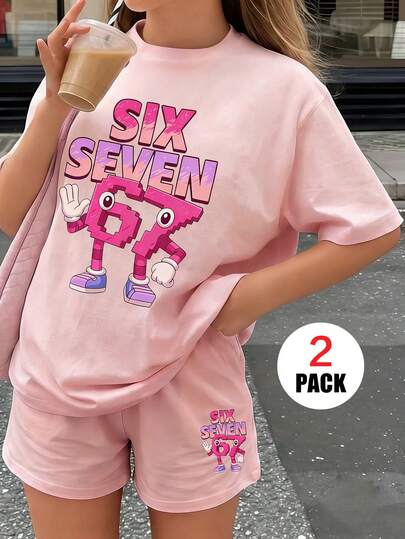 Bộ 2 món dành cho bé gái tuổi teen, họa tiết kem tan chảy màu hồng ngọt ngào/hình hoạt hình "67", chất liệu vải thoáng khí thoải mái, thích hợp cho đi học/hoạt động ngoài trời, trang phục thời trang cho các bạn nữ tuổi teen.