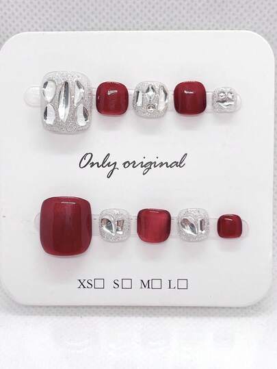 10片闪亮方形猫眼形按压式脚趾甲，酒红色，优雅性感风格，适合女士宴会、派对、婚礼、日常佩戴、夏季脚趾甲。短脚趾甲。