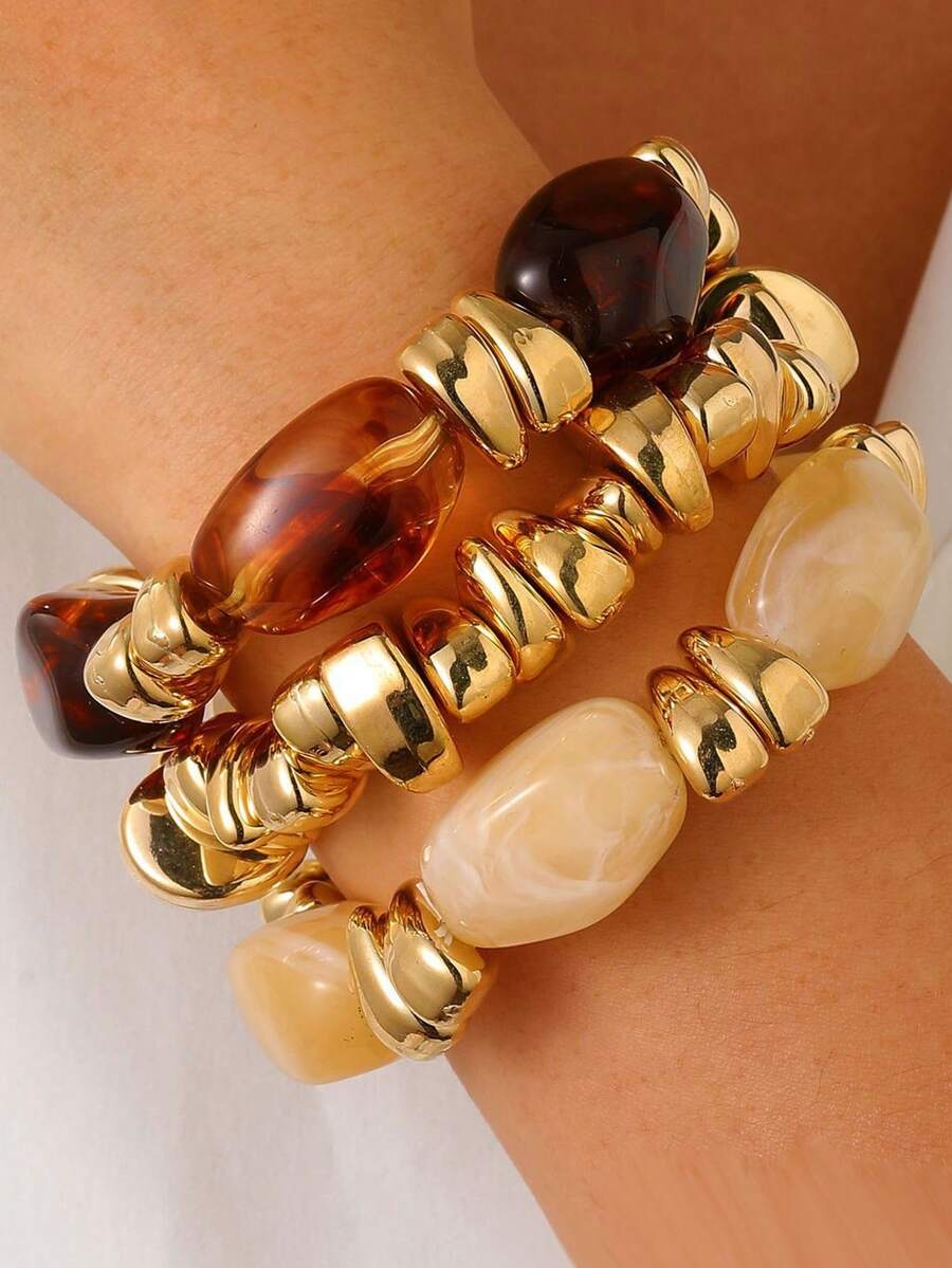 3pcs European And American Fashion Asymmetrical Tie Dye Resin Elastic Bracelet, Matte Metallic Texture Niche Bangle For Women - Multicolor - View 1