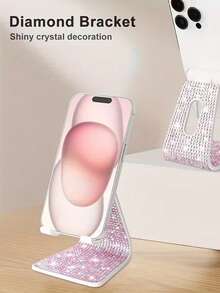 1pc Rhinestone Decorated Phone Stand, Black/White, Desktop Phone Holder Base Compatible With 15, 14, 13 Inch, Office Desk Decor Accessory - White - View 7