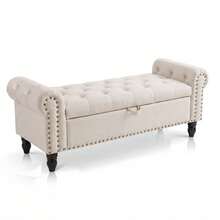 Techigher Ottoman Storage Bench, End Of Bed Storage Box With Wood Legs, Upholstered Bedroom Bench With Button Tufted Design And Rolled Arms, Sofa Bench For Bedroom/Living Room - Beige - View 1