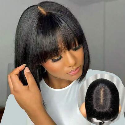 2x4蕾丝波波头假发，带刘海 - 巴西真人发 - 无需胶水 - 8-14英寸 - 透气舒适网帽 - 可重复使用，韩流、K-Pop风格，角色扮演假发，派对假发，婚礼假发，节日假发