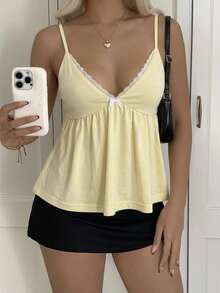 阳光少女风女士夏季Y2K蕾丝边蝴蝶结装饰吊带背心，黄色休闲衬衫，适合街头、约会、办公室和居家穿着 - 黃色 - 查看 10