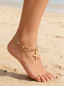1pc Creative Fashion Multi-Layer Chain Pearl Chain Starfish Pendant Anklet, Suitable For Beach Resort Wear - Multicolor - View 1