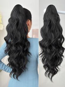 HEYPINK 24英寸超长波浪卷曲合成假发马尾辫，棕色渐变至酒红色，爪夹式马尾辫接发，适合女性参加派对和日常佩戴。 - 黑棕色 - 查看 15