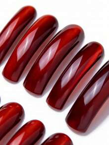 Premium Handmade Curve Stiletto Press On Nails, Artisan Design, High Shine Burgundy Texture, Subtle Curved Details, High Gloss Finish, Salon Grade Reusable, No File Needed, Elegant Daily Style Gift Summer - Đỏ - Xem 2