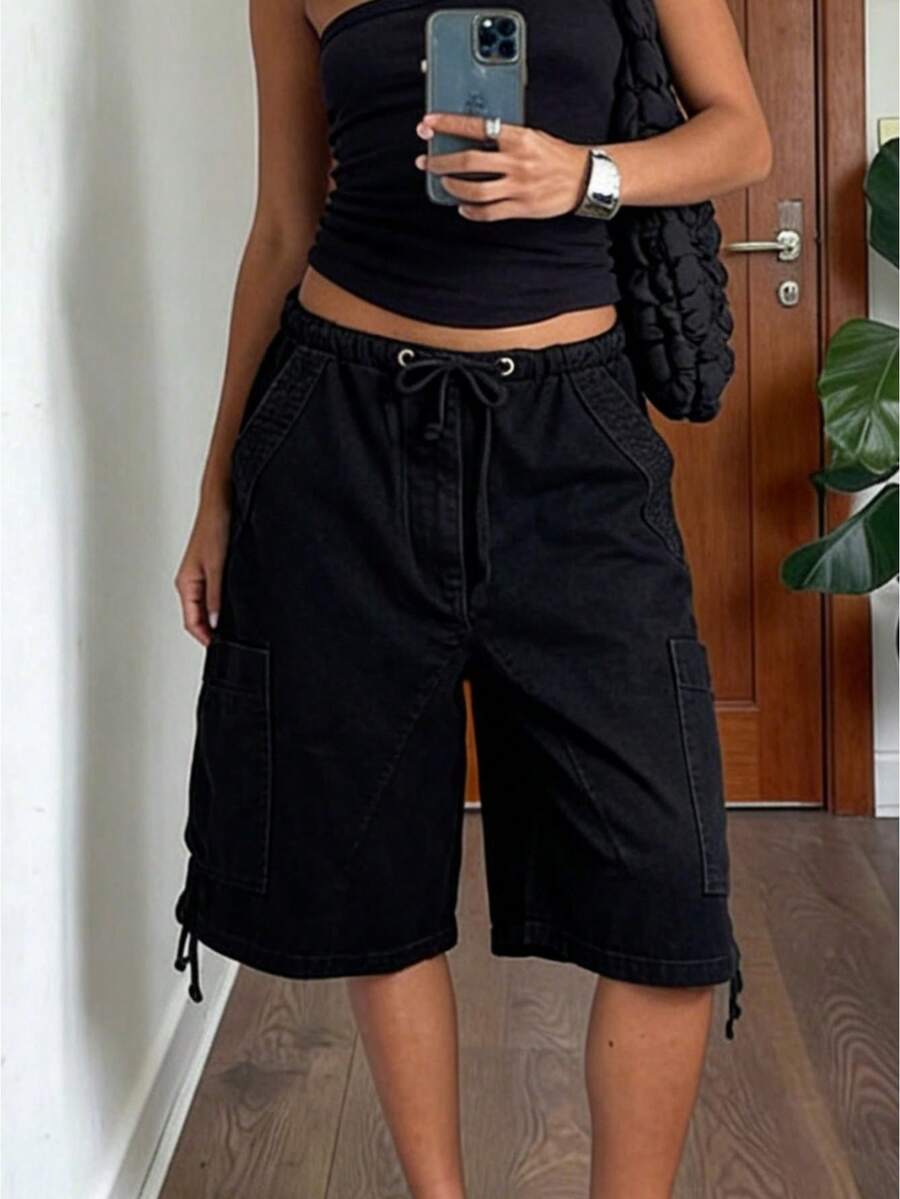 Bermuda Cargo Shorts For Women Casual Elastic Drawstring Knee Length Shorts Casual Loose SweatShorts Multi Pocket Relaxed Fit - 黑色 - 查看 1