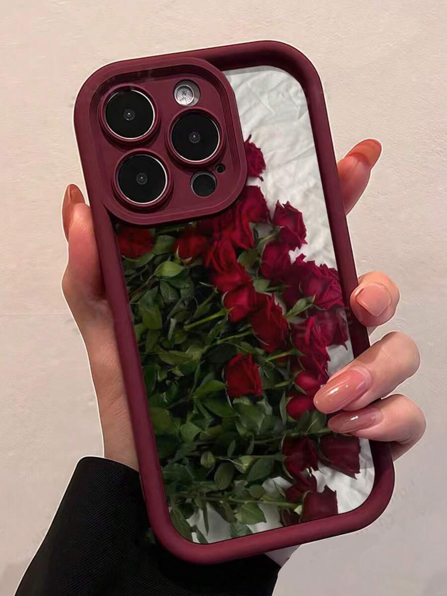 1pc Wine Red/Romantic Red Rose Full Coverage TPU Shockproof Phone Case, Compatible With Apple 16, 15, 14, 13, 12, 11 Pro Max - Multicolor - View 1