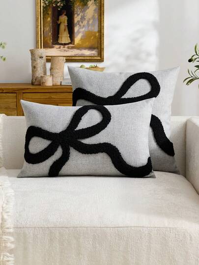 1pc Gray Bow Embroidered Throw Pillow Cover, Modern Minimalist Plush Decorative Pillow Sham, Suitable For Indoor Decor, All Season Pillow Cover, Pillow Insert Not Included