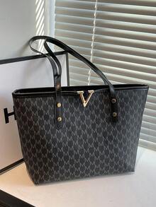 Túi xách cỡ lớn in chữ thời trang, túi đeo vai tối giản bằng da PU dành cho nữ. - màu đen - Xem 7