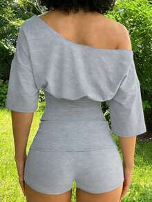 Glowmode Style Sports Set Asymmetrical Neck Top + High Waist Shorts - Grey - View 2