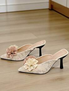 Sandálias Mule de Salto Alto Stiletto com Decoração Floral, Bico Fino, Moda Renda, Novo Modelo Verão 2026 na Cor Damasco, Adequado para Festa, Trabalho, Encontros e Uso Diário - Damasco - Visão 1
