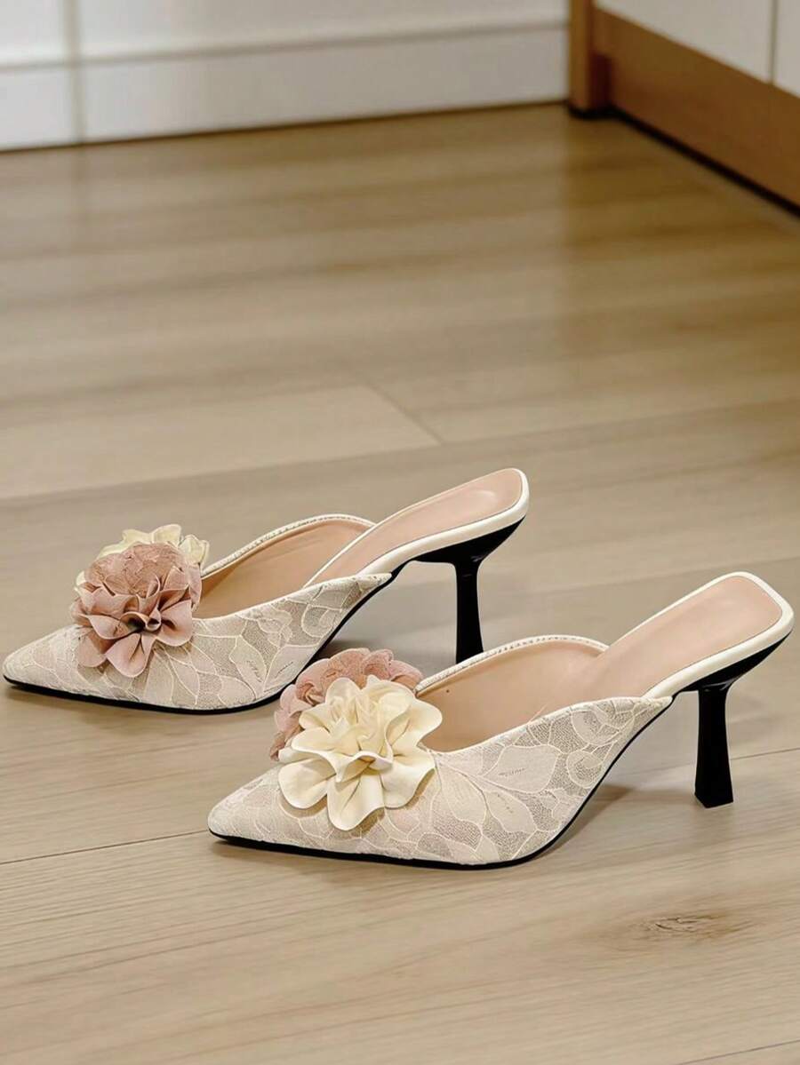 Sandálias Mule de Salto Alto Stiletto com Decoração Floral, Bico Fino, Moda Renda, Novo Modelo Verão 2026 na Cor Damasco, Adequado para Festa, Trabalho, Encontros e Uso Diário - Damasco - Visão 1
