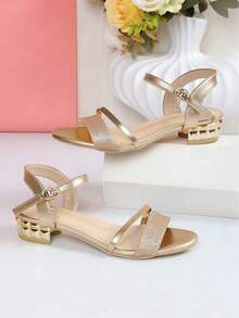 女童闪亮平底凉鞋，时尚搭扣露趾休闲日常派对性感粗跟金色凉鞋，适合青少年 - 金色 - 查看 3