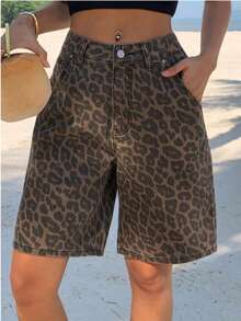 Women's Non-Stretch Leopard Print Denim Shorts, Y2K Sexy Loose Straight Leg Bermuda Shorts For Vacation - 棕色 - 查看 1