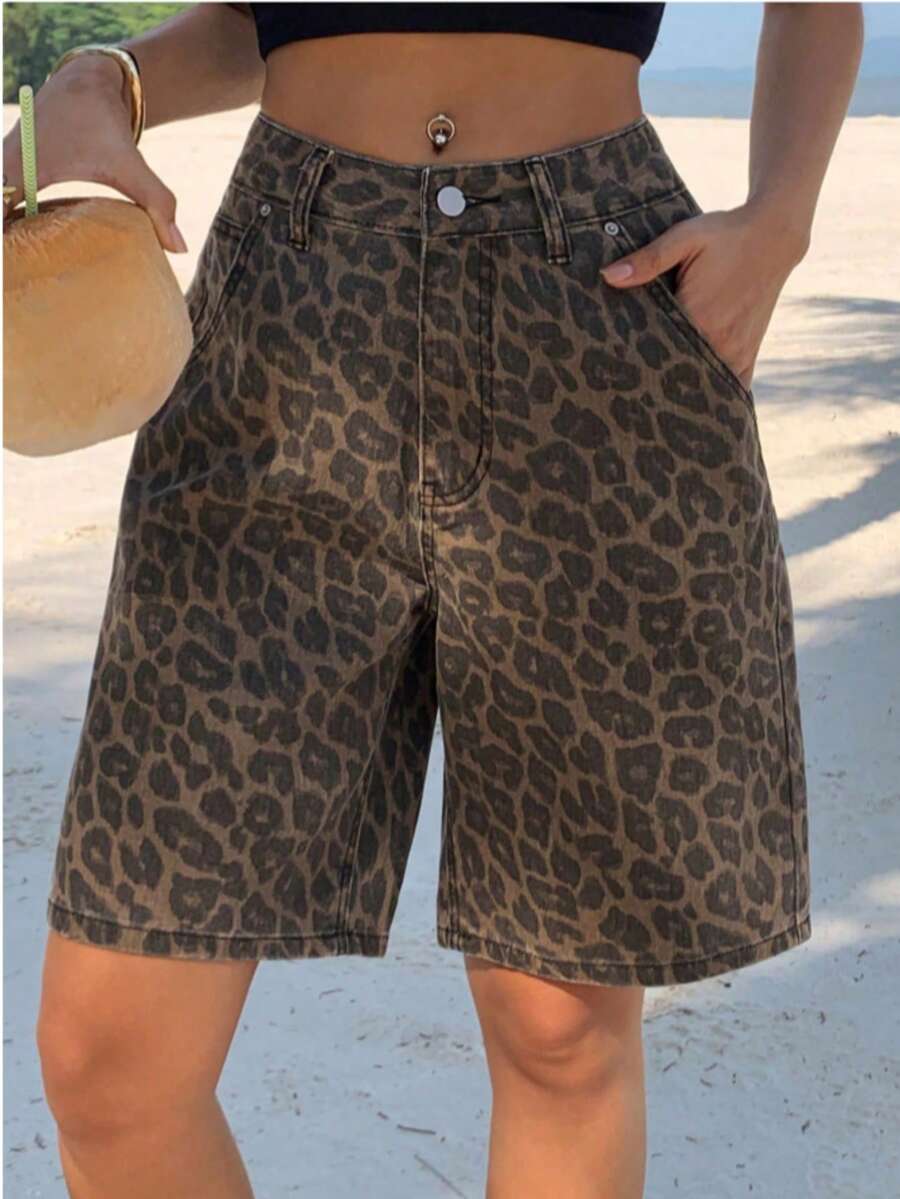 Women's Non-Stretch Leopard Print Denim Shorts, Y2K Sexy Loose Straight Leg Bermuda Shorts For Vacation - 棕色 - 查看 1