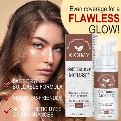 Xioimy 自晒黑慕斯 - 无酒精，富含维生素E、迷迭香提取物，无需日晒即可拥有古铜色光泽，保湿滋养，自然透亮紧致肌肤，适合所有肤质