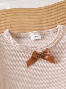 2pcs Baby Girls Casual Minimalist 3D Bow Round Neck Top And Full Bow Pants Set, Summer - Apricot - View 3