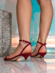 女士酒红色纯色低跟凉鞋，2026夏季新款时尚优雅通勤性感单带踝带低跟凉鞋，春夏鞋款，春季复活节 - 酒紅色 - 查看 6