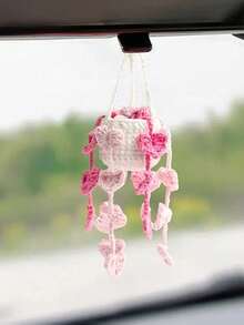 1pc Car Plant Hanging Decor, Rearview Mirror Pendant, Creative Car Strawberry & Pothos Ornament - Pink - View 5