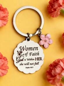 Christian Mother's Day Gift: Women's Keychain, Church Theme, Religious Style, Wholesale, Wavy Edge With Enamel Cherry Blossom Pattern - "Woman Of Faith" Slogan, Casual, Party, Cute, Street, Elegant, Zinc Alloy, Mother's Day Gifts For Mother, Father, Graduation, And Teacher - Silver - View 6