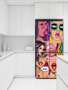 1pc Pop Art Fridge Sticker, Retro Comic Girl Pattern, Removable Waterproof Vinyl Material, Self-Adhesive Refrigerator Wrap Cover, Easy To Apply & Reusable, Ideal For Kitchen Fridge Decor, Home Appliance Makeover, Apartment Decor & Fun Kitchen Accessories - 001 - View 6