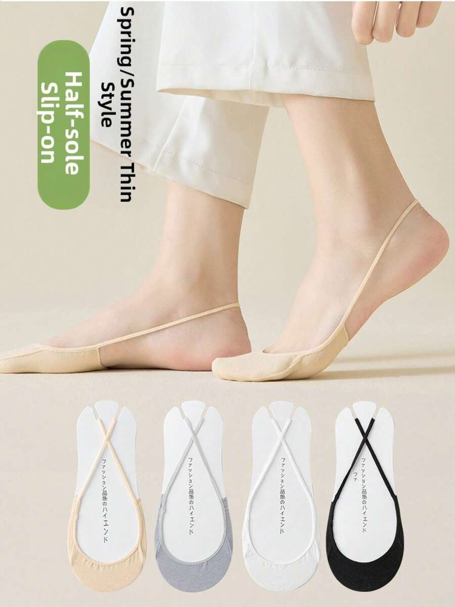 4 cặp/bộ Của phụ nữ Mùa hè Dây đeo Vớ hình thuyền , Vô hình Một nửa Vớ , Không trượt Vải lót Vớ - Đen và trắng - Xem 1