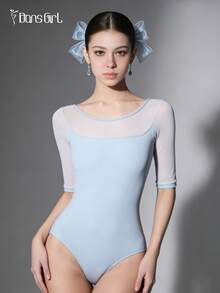 DonsGirl Women's Ballet Leotard - Elastic Mesh Splice 3/4 Sleeve, Modern/Classical Dance Unitard, Professional Performance Costume Spring - Dusty Blue - View 2